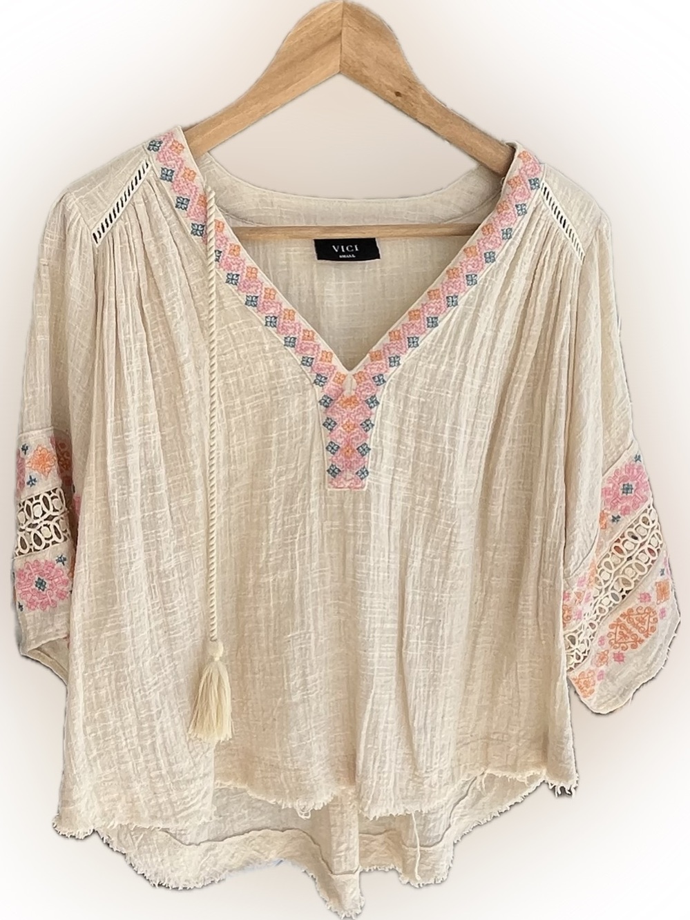 VICI 
crème gauzy boho top with embroidered and crochet trims